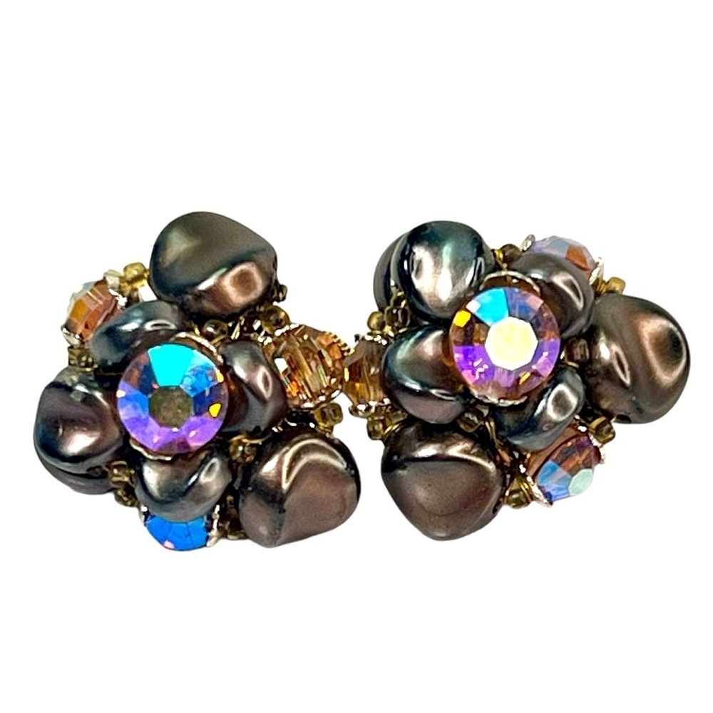 Vintage Vendome Beaded Cluster Clip On Earrings 60s Goldtone Glamorous Retro